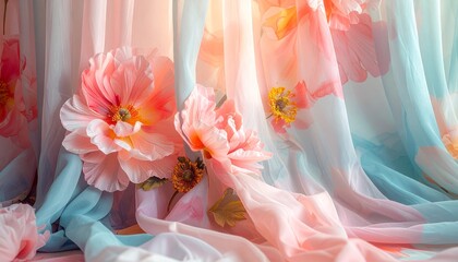 Silk curtains with surreal botanical prints, pastel colors, and abstract floral shapes, top-down view.