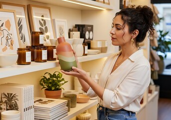 Young woman examines a handmade ceramic vase in a bright, modern boutique, appreciating the craftsmanship and unique design with a sense of calm and appreciation.