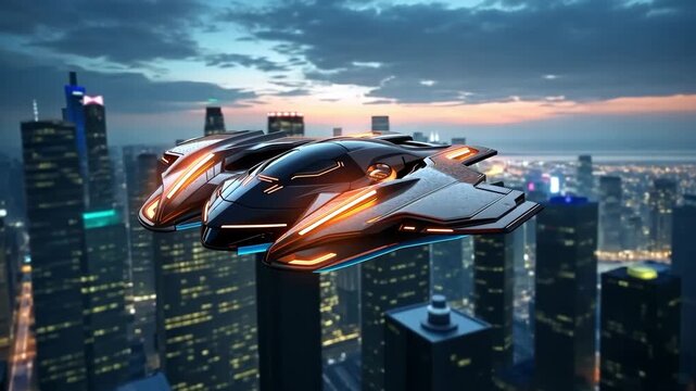 Futuristic Cityscape with Flying Vehicles and Advanced Technology