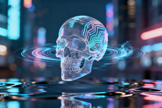 Digital skull with glowing circuit patterns floating above reflective surface in futuristic cityscape - Powered by Adobe