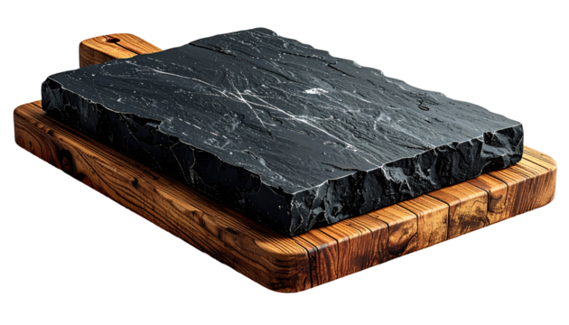 A dark gray stone slab rests on a wooden cutting board