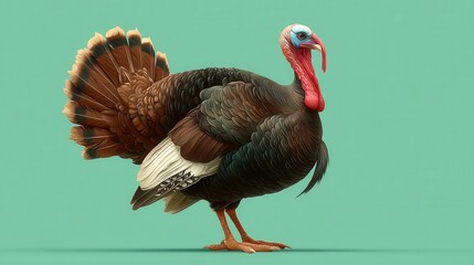 Full-body cartoon turkey with elegant feathers on plain background