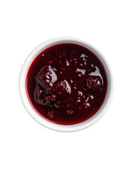 Top-down view of a small, white bowl filled with a dark red berry sauce.  The sauce appears smooth with flecks of seeds or pulp