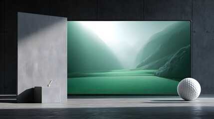 Golf ball hologram projection with glowing geometric wireframe on floor