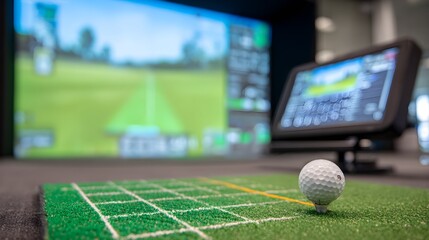 Close-up view of indoor golf turf leading to a screen.