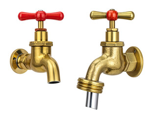 Two brass garden taps, one on, one off