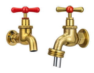 Two brass garden taps, one on, one off