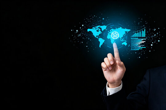 Hand pointing at a digital world map with data visualization and global network elements on a dark background - Powered by Adobe