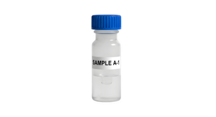 A small sample vial with blue cap isolated on transparent background, containing clear liquid, ideal for pharmaceutical or scientific research concepts