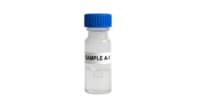 A small sample vial with blue cap isolated on transparent background, containing clear liquid, ideal for pharmaceutical or scientific research concepts