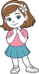 Cute cartoon girl smiling with flower headband, child character illustration, happy little kid in skirt and t-shirt, adorable drawing