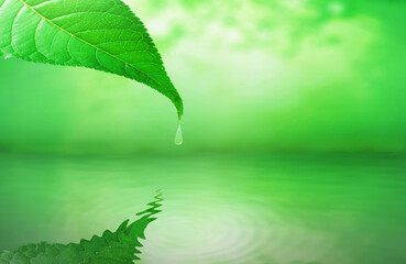 Green leaf with water drop, relaxation nature concept