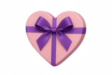 Pink heart shaped gift box with purple ribbon bow, presenting love concept for valentine's day