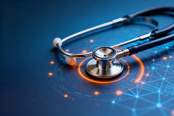 Stethoscope on a digital interface with glowing network patterns, symbolizing modern healthcare technology