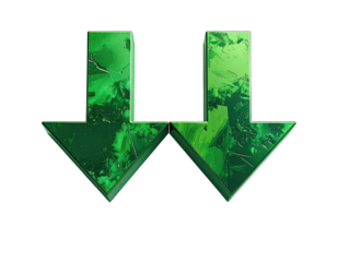 Two green downward-pointing arrows, stylized with a textured, painterly effect