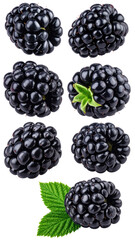 Close-up view of plump, dark blackberries, arranged in a vertical pattern.  Fresh, ripe fruit, glossy surface, and a single green leaf
