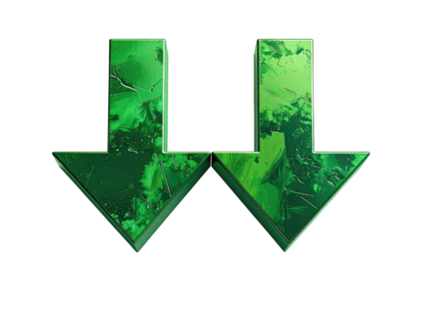 Two green downward-pointing arrows, stylized with a textured, painterly effect