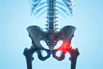 Human skeletal structure highlighting hip joint with red pain indicator