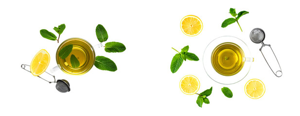 Set of Minimal Tea Cup Flat Lay with Herbs