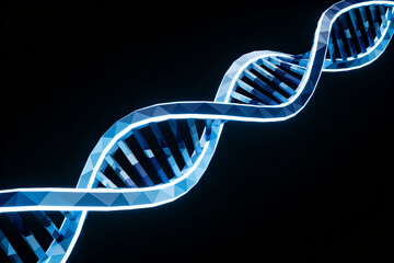 A stylized digital representation of a DNA double helix with a blue, geometric design against a dark background.
