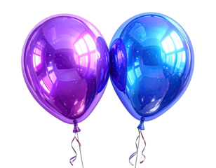 Two glossy, vibrant purple and blue balloons