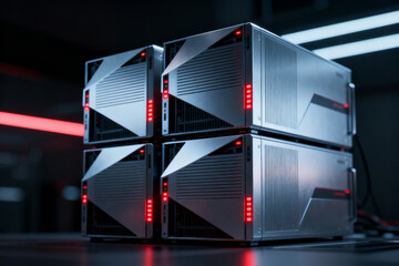 Stacked server units with red LED indicators in a dark data center environment