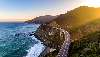 A picturesque coastal highway bridge curving along a rugged cliffside, with waves crashing below, bathed in warm sunlight