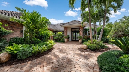 Landscaped pathway leading to house entrance