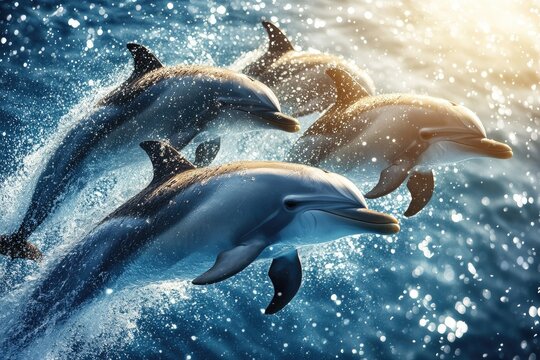 A group of playful dolphins swimming just below the surface of the ocean, with water droplets sparkling around them. The fluidity of their movements and the 
