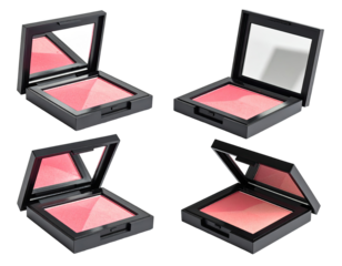 Four square blush compact boxes in various open/closed positions, showcasing a triangular pink blush
