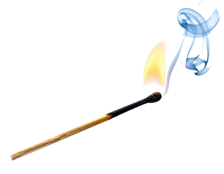 A burning matchstick with smoke.  A single matchstick,  light brown,  partially burnt,  with a small, bright orange flame.  Wispy blue smoke curls upward