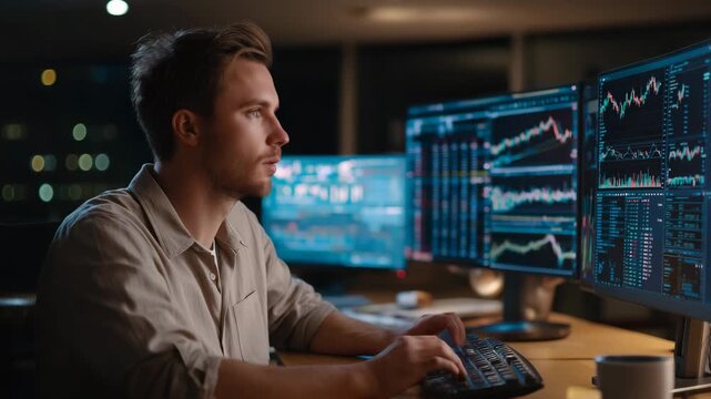 Financial analyst sitting at modern workstation, multiple monitors showing real-time stock charts and financial graphs, dim office lit by warm ambient and screen glow, mechanical keyboard and coffee 
