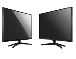 Two flat-screen TVs angled, black displays