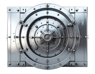 A metallic vault door, front view