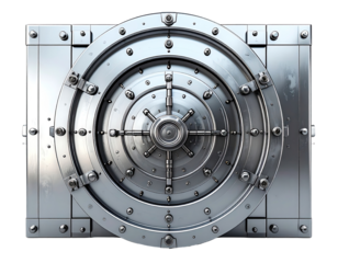 A metallic vault door, front view