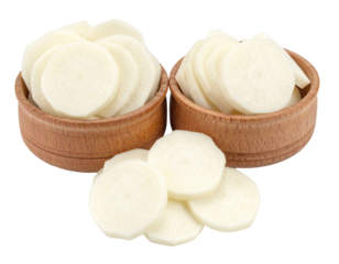 Sliced daikon radish in wooden bowls