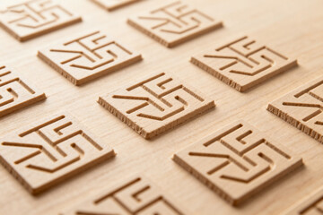 Wooden tiles with engraved geometric patterns arranged in a grid