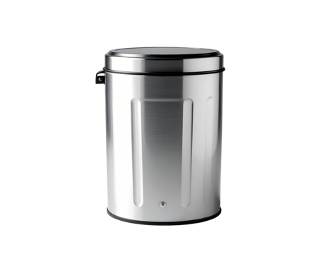Sleek, metallic trash can.  A cylindrical, brushed stainless steel waste receptacle with a lid