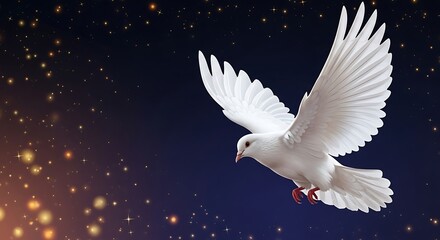 Obraz premium Graceful white dove soaring through a starry night sky, symbolizing hope and new beginnings with shimmering celestial lights