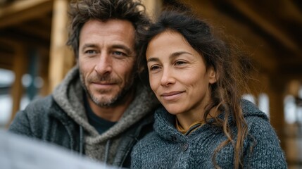 A couple exploring nature together while reading map and planning their outdoor adventure in a serene and rustic setting, showcasing love for travel and discovery