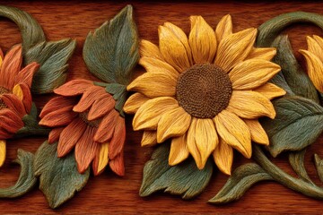 Fototapeta premium Ornate bas-relief carving of sunflowers with intricate details on a rich brown wooden surface.