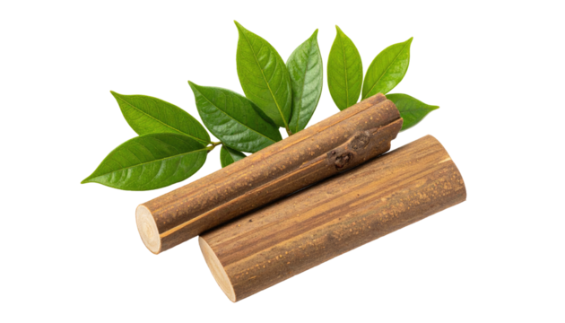 Two cylindrical pieces of light brown wood, positioned diagonally, are overlaid with vibrant green leaves