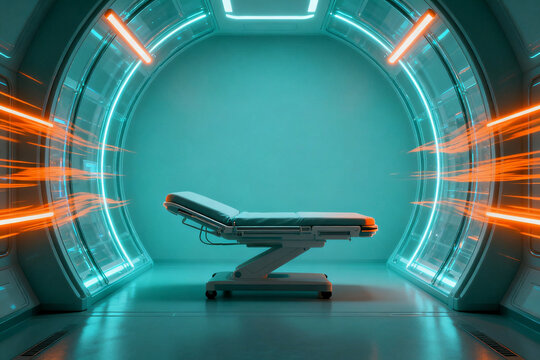 Futuristic medical scanning room with illuminated circular chamber and examination table