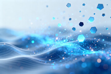 Abstract blue wave pattern with glowing particles and hexagonal shapes floating in a digital space