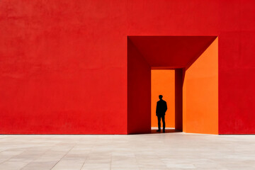 Obraz premium Silhouette of a person standing in a red architectural space with geometric openings