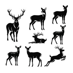 Fototapeta premium Collection of black deer silhouettes isolated on white background for design