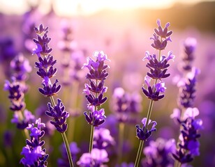 Obraz premium Close-up of lavender flowers bathed in warm sunset light; shallow depth of field