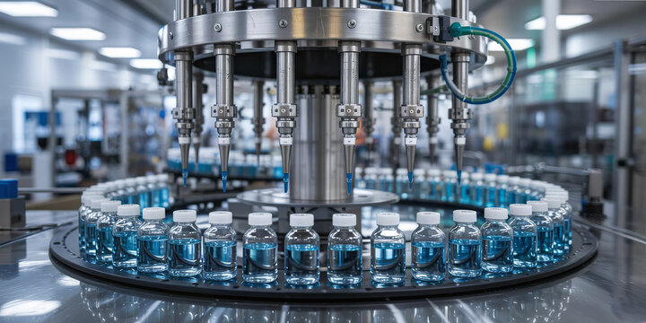 Automated machine filling vials with blue liquid in a pharmaceutical factory, ensuring precision and quality