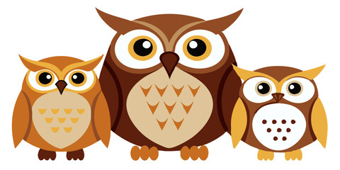 Fototapeta premium Three cute cartoon owls standing together against a white background