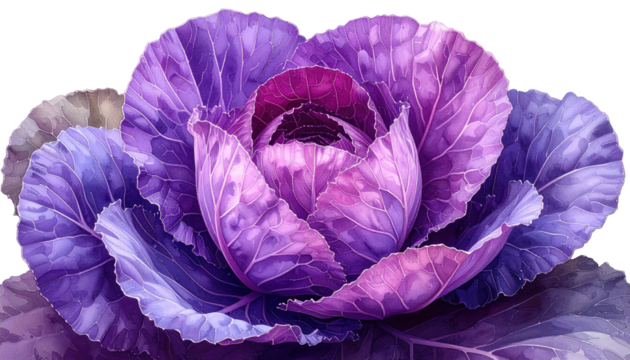 Close-up of a vibrant purple cabbage head, with detailed, layered leaves - Powered by Adobe